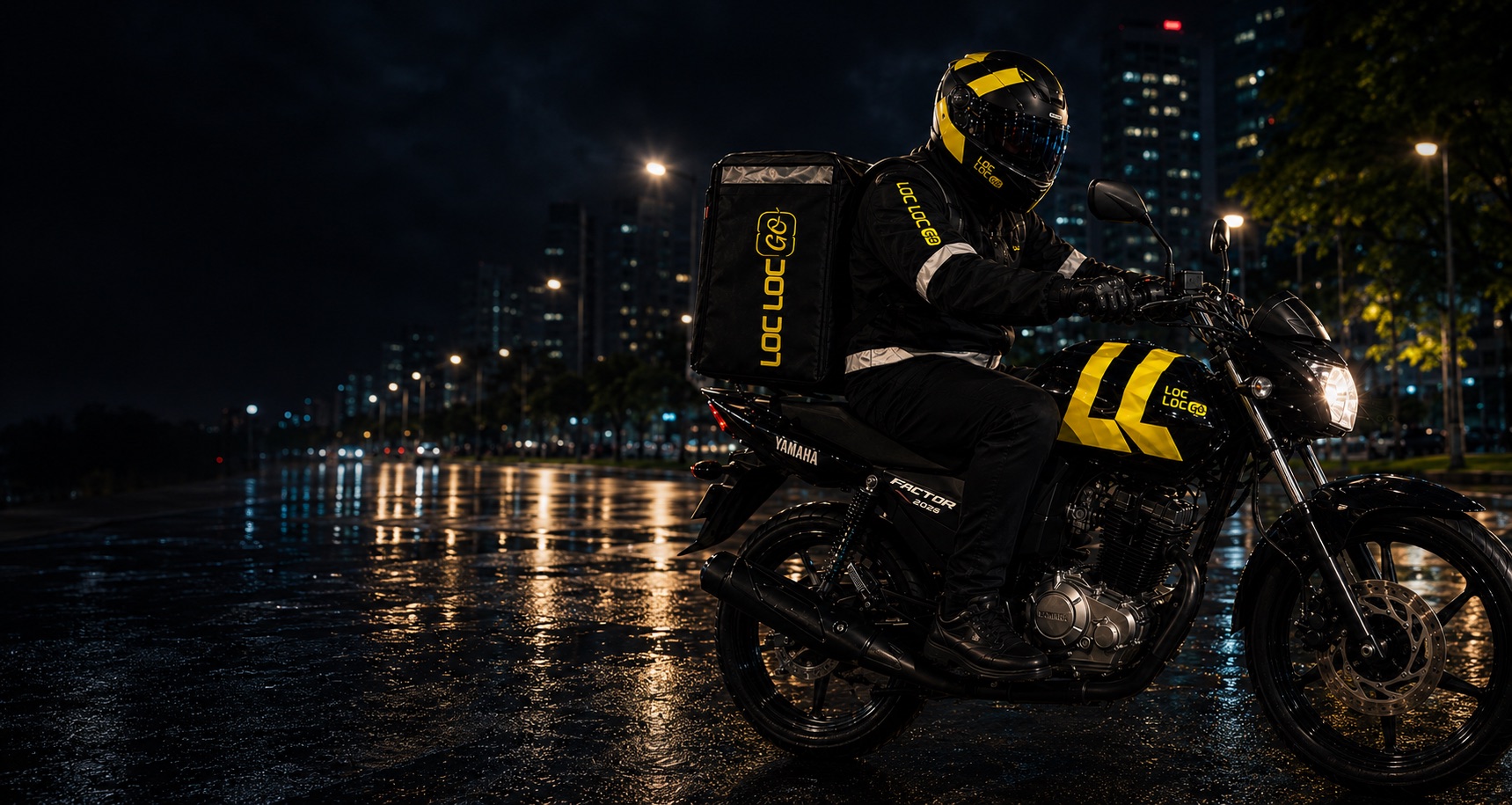 Entregador LocLocGO de moto à noite em Goiânia